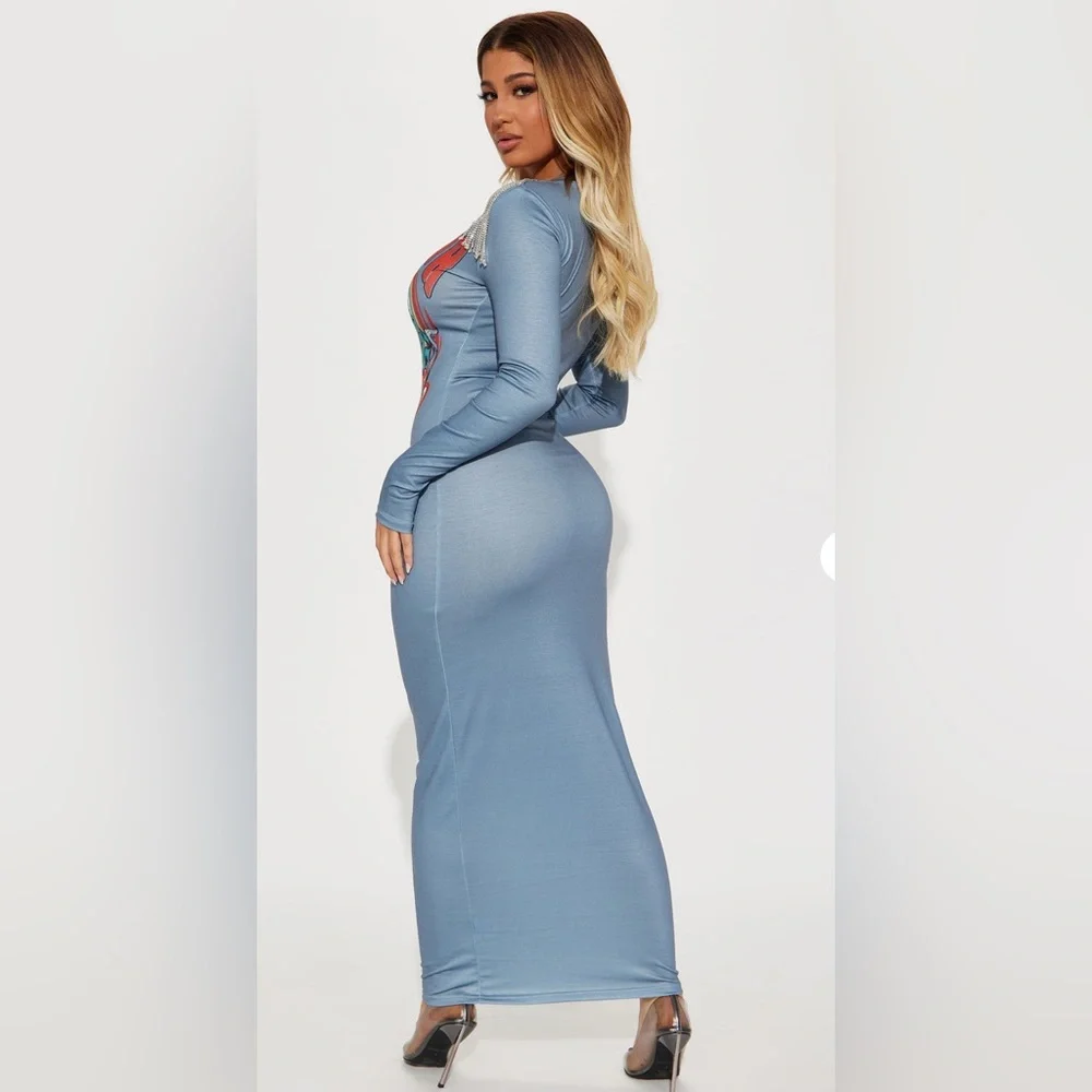 Blue Graphic Long Sleeve Maxi Dress - Picture 3 of 4